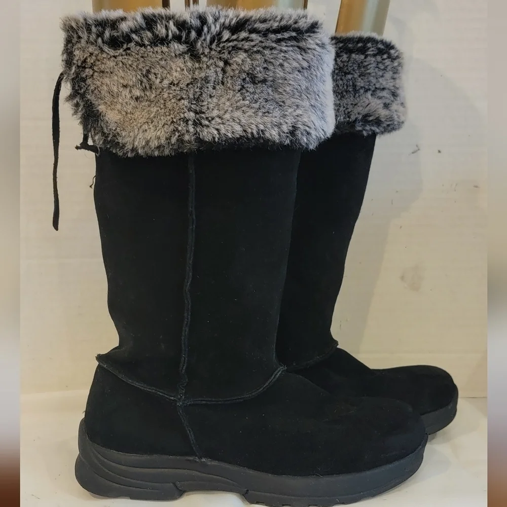 KHOMBU BLACK SUEDE LEATHER MID CALF BOOTS WITH FAUX FUR TRIM (sz‎ 4)